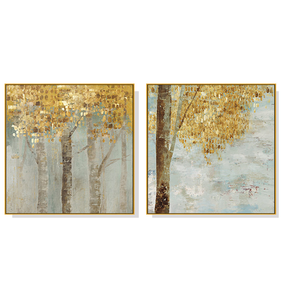 Wall Art 70cmx70cm Golden Leaves 2 Sets Gold Frame Canvas V207-1186