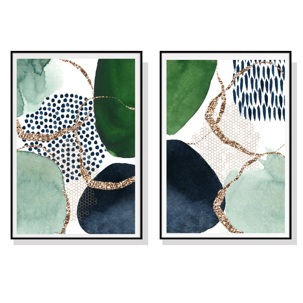 Wall Art 60cmx90cm Abstract Green and Navy 2 Sets Black Frame Canvas V207-1234