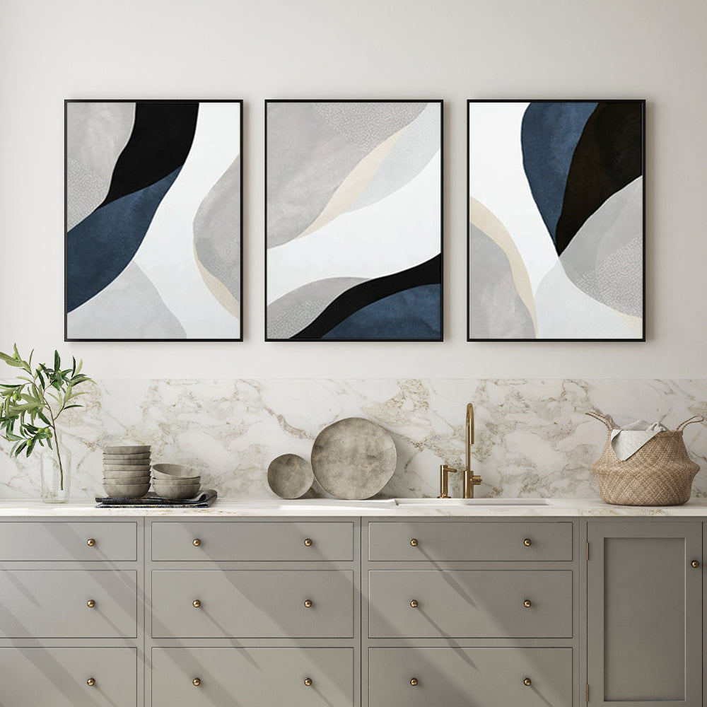 Wall Art 50cmx70cm Abstract Navy Blue 3 Sets Black Frame Canvas V207-1338