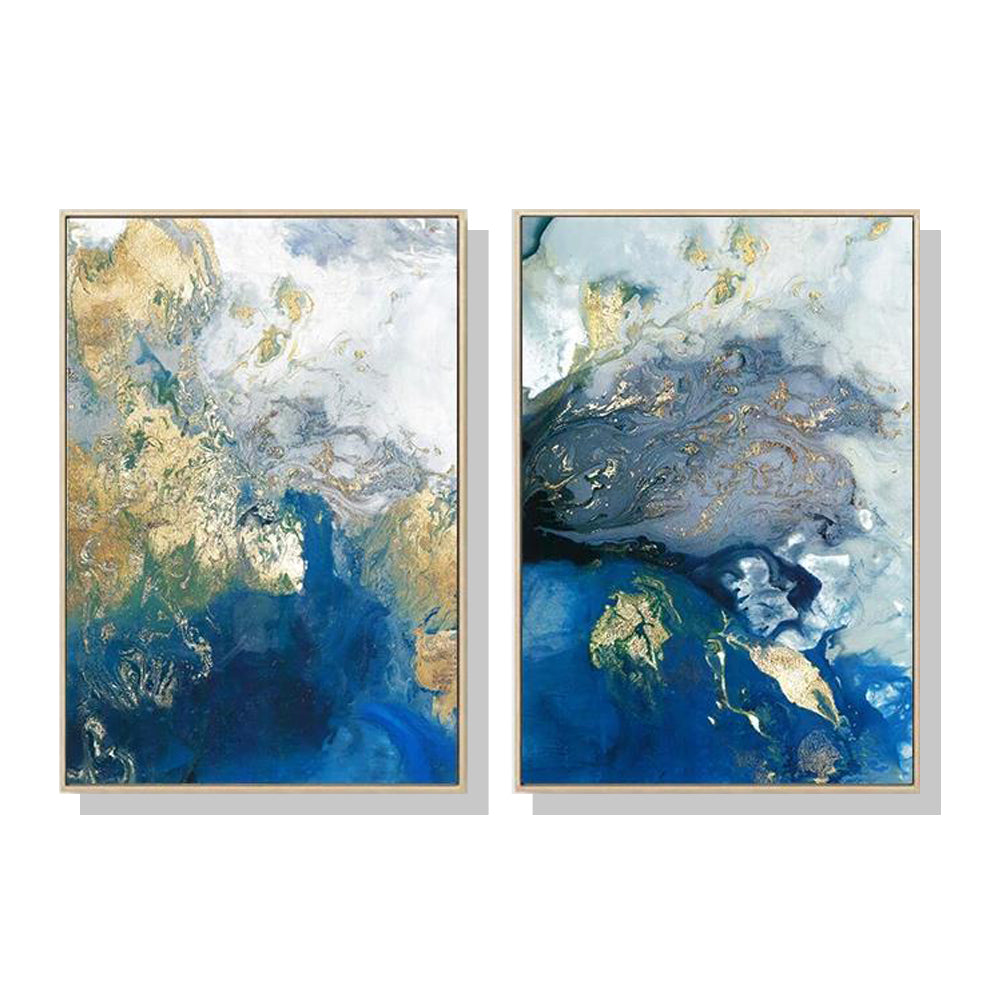 Wall Art 70cmx100cm Marbled Blue And Gold 2 Sets Gold Frame Canvas V207-1791
