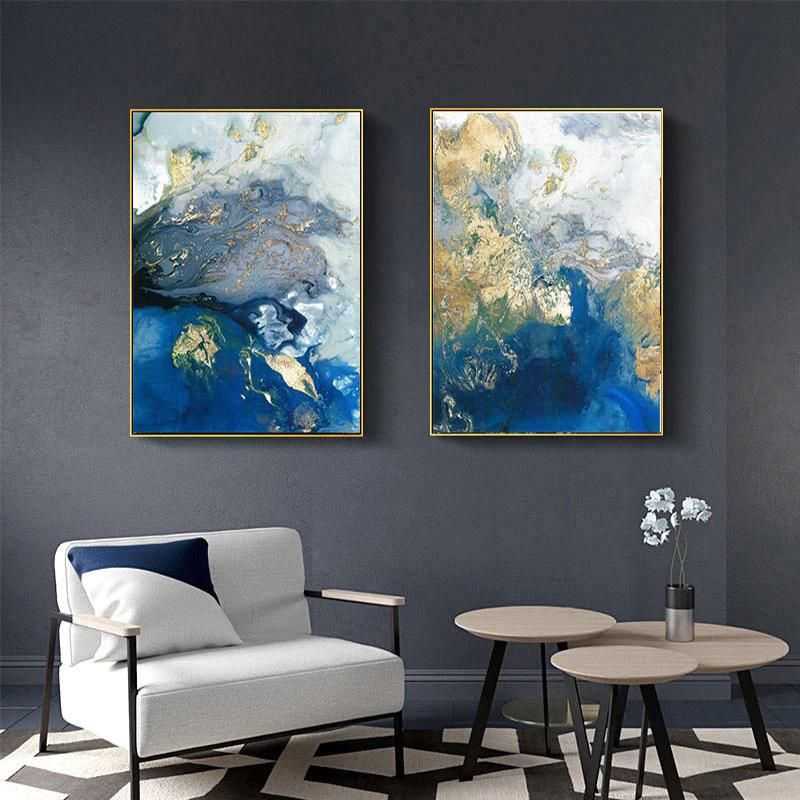 Wall Art 70cmx100cm Marbled Blue And Gold 2 Sets Gold Frame Canvas V207-1791