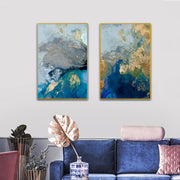Wall Art 70cmx100cm Marbled Blue And Gold 2 Sets Gold Frame Canvas V207-1791