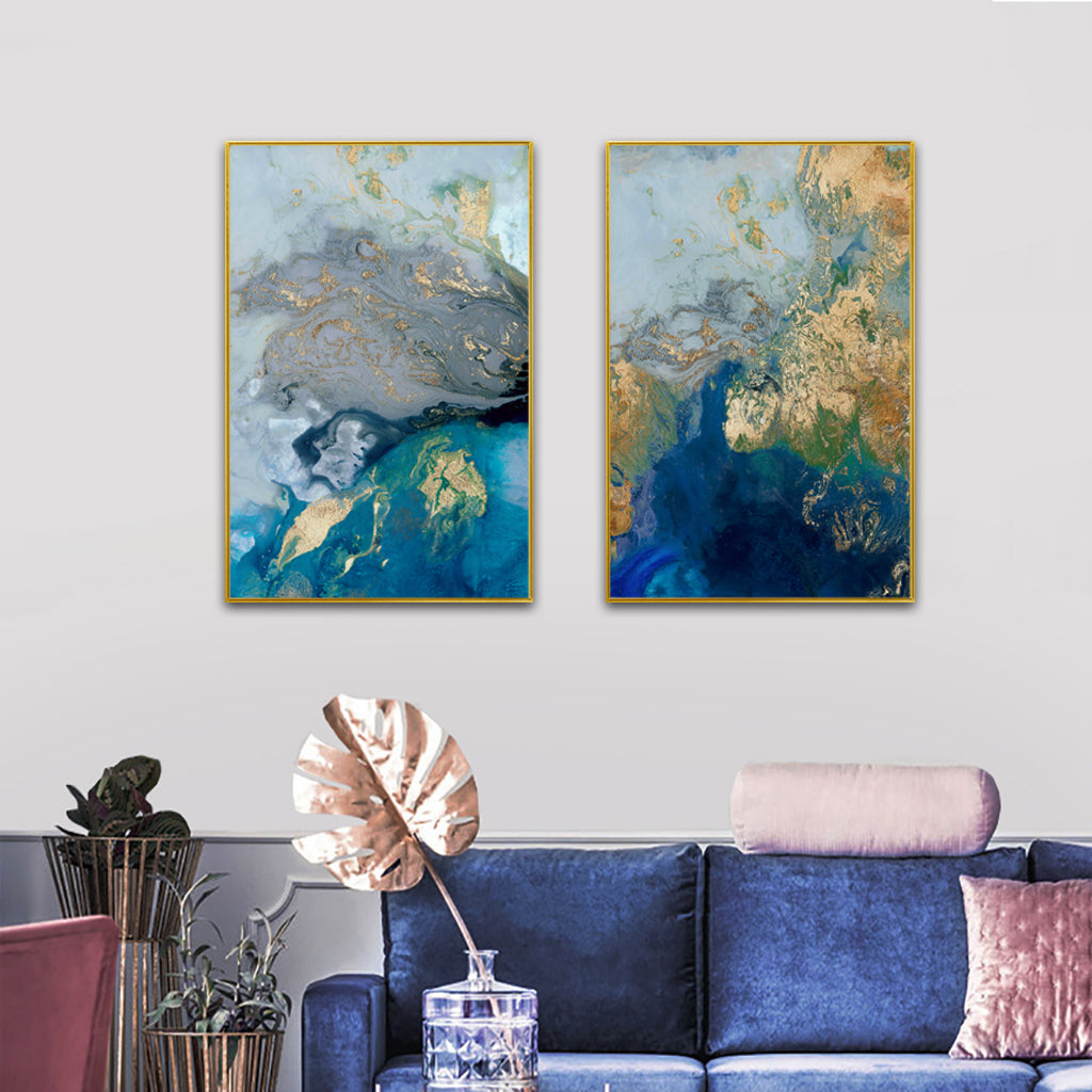 Wall Art 70cmx100cm Marbled Blue And Gold 2 Sets Gold Frame Canvas V207-1791