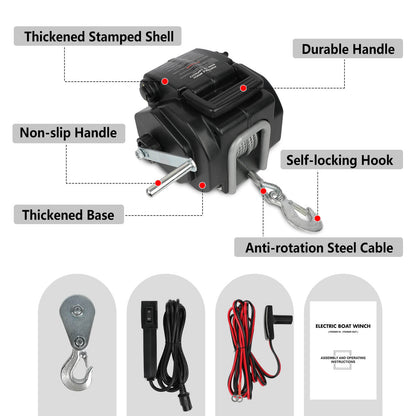 X-BULL Electric Boat Winch 12V 6500LBS Portable Detachable Steel Cable Marine Ship 3000KG 4WD V211-AUEB-BW001
