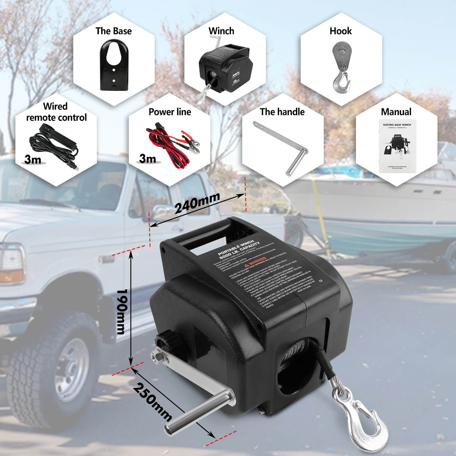 X-BULL 5000LBS Electric Boat Winch 12V Portable Detachable Marine Ship Trailer Winch V211-AUEB-BW002