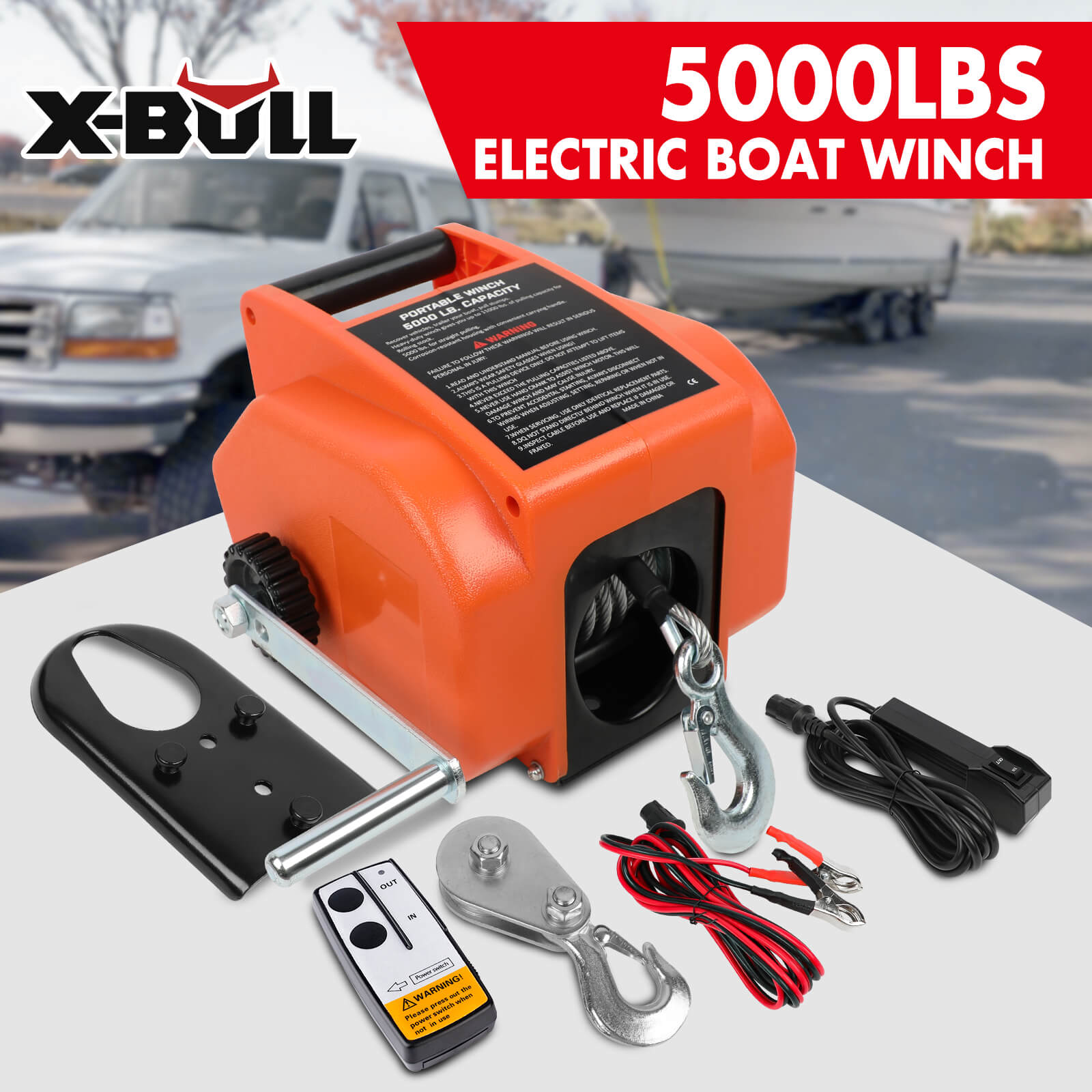 X-BULL 12V Electric Boat Winch 5000LBS Portable Wireless Remote Trailer Winch Steel Cable V211-AUEB-BW003