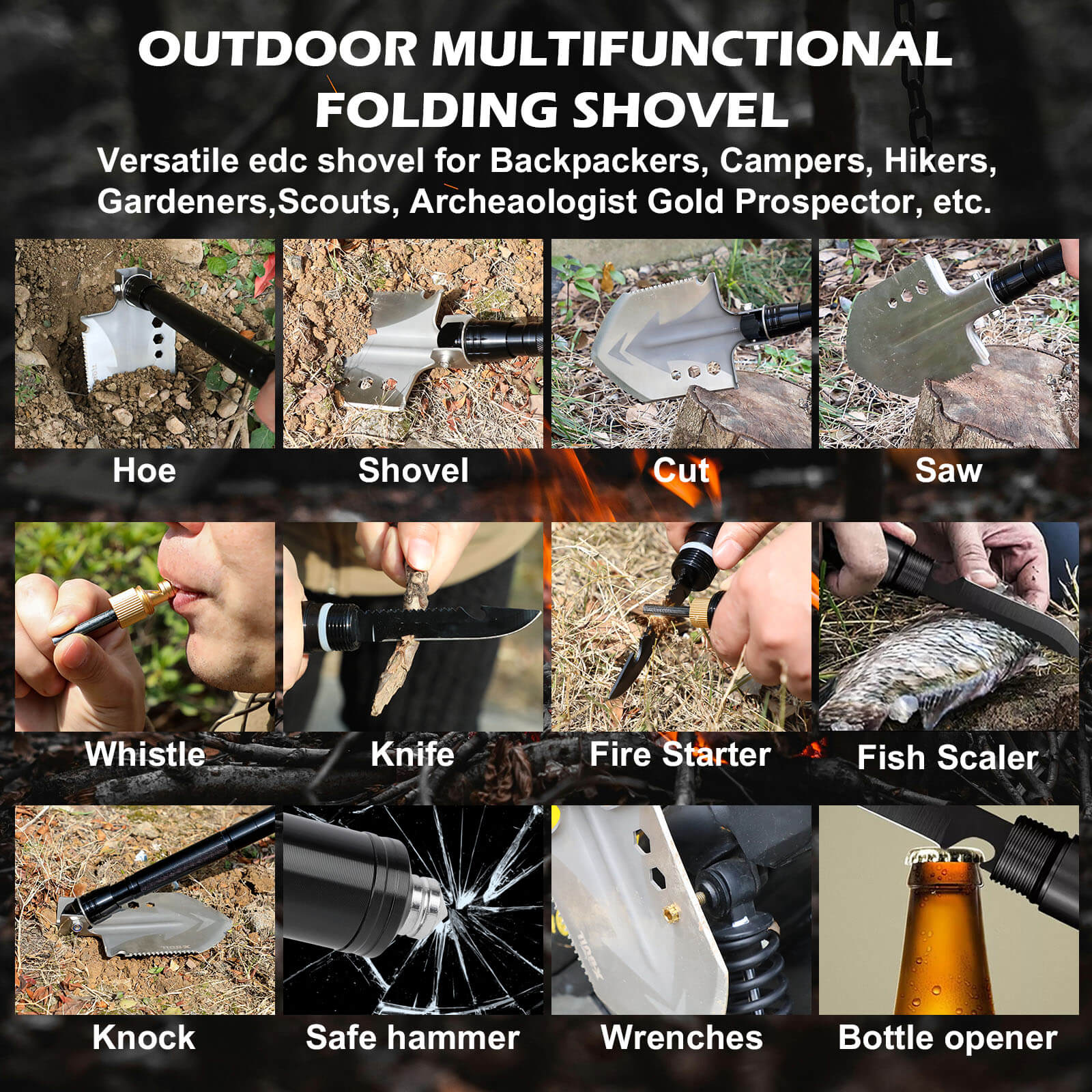 X-BULL Folding Shovel Outdoor Camping Survival Tools Multifunction Military V211-AUEB-FS001