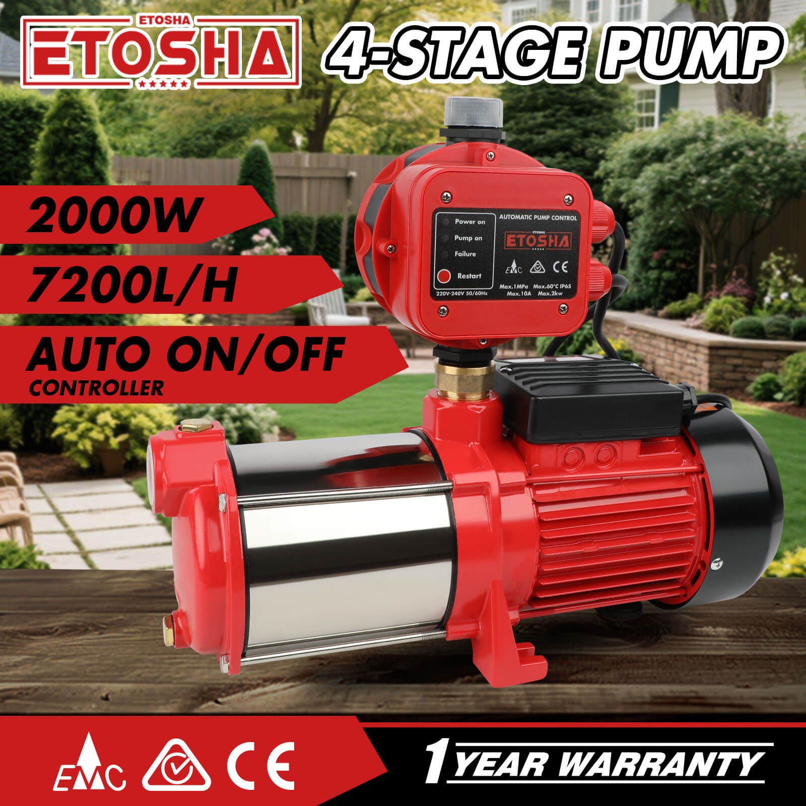 ETOSHA 2000W Garden Water Pump High Pressure 4-Stage Tank Irrigation Water Pump V211-AUEB-PUMP001WPC001