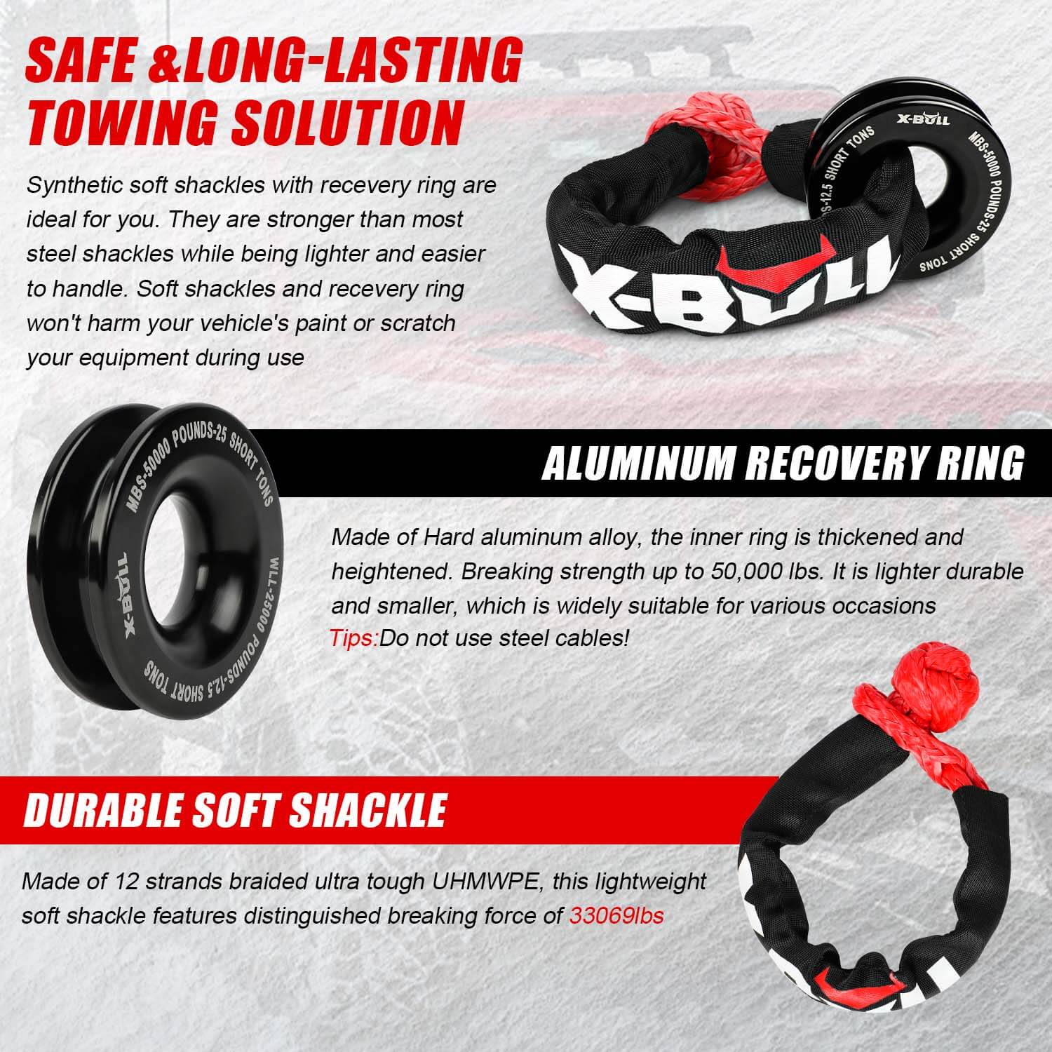 X-BULL Soft Shackle Synthetic Rope Recovery Snatch Ring /Recovery Hitch Receiver V211-AUEB-SSR001/AUEB-XBRK013