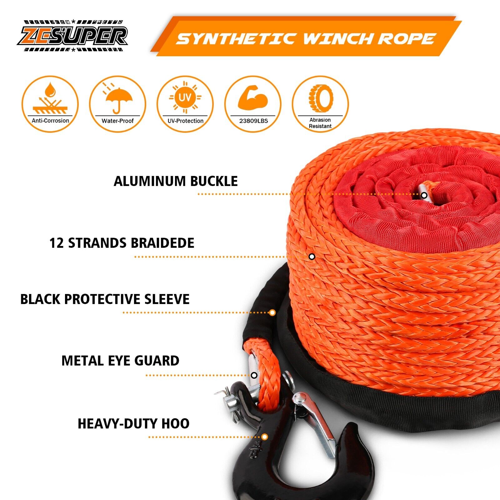 ZESUPER Winch Rope 9.5MM X 30M Dyneema SK75 Hook Synthetic Car Tow Recovery Cable Hook V211-AUEB-WR006