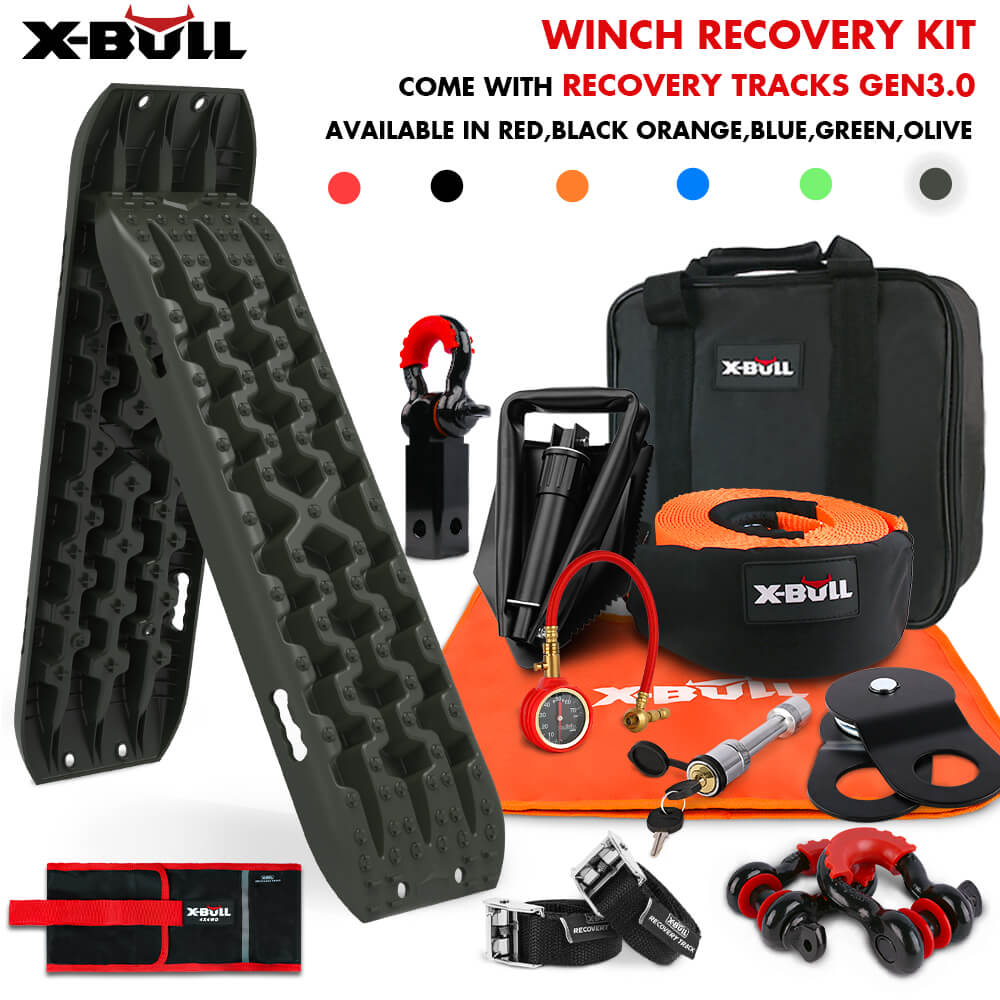 X-BULL Winch Recovery Kit with Recovery Tracks Boards Gen 3.0 Snatch Strap Off Road 4WD Olive V211-AUEB-XBRK011RT007V
