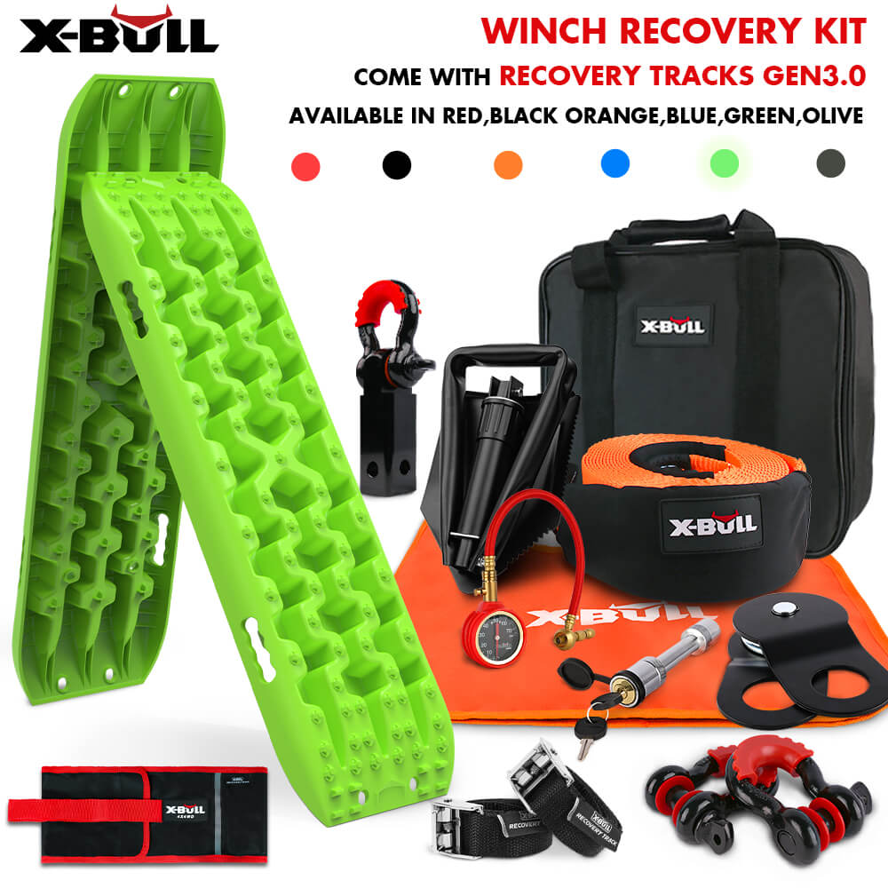 X-BULL Winch Recovery Kit with Recovery Tracks Boards Gen 3.0 Snatch Strap Off Road 4WD Green V211-AUEB-XBRK011RT017V