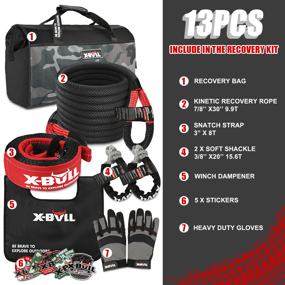 X-BULL Recovery Kit 4X4 Off-Road Kinetic Rope Snatch Strap Winch Damper 4WD13PCS V211-AUEB-XBRK013