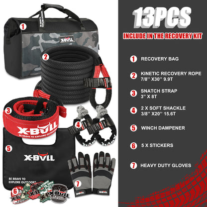 X-BULL Recovery Kit 4X4 Off-Road Kinetic Rope Snatch Strap Winch Damper 4WD13PCS V211-AUEB-XBRK013
