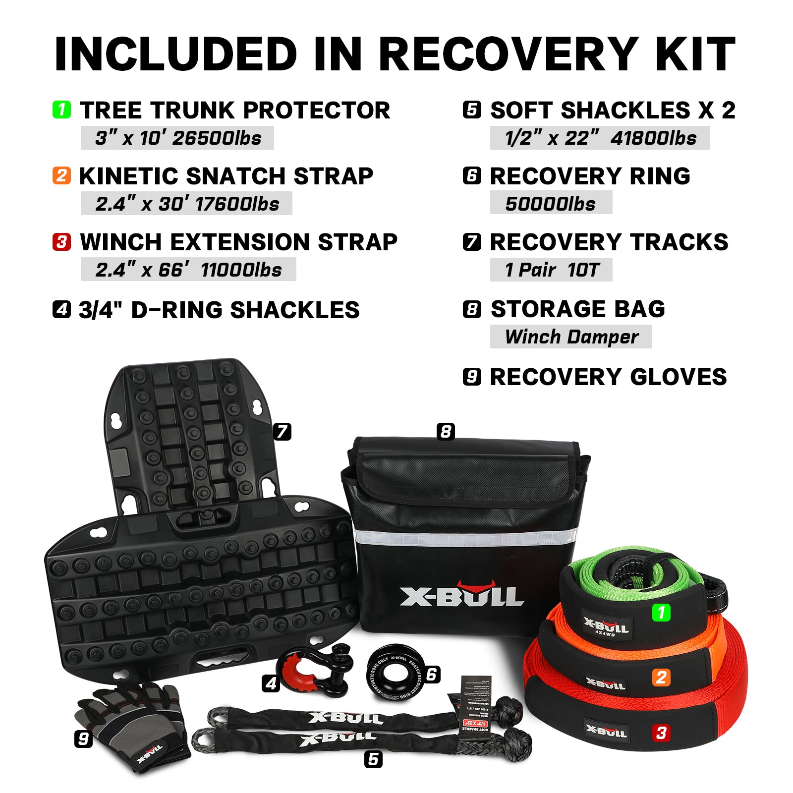 X-BULL 4WD Winch Recovery Kit 12Pcs Recovery Tracks Snatch Strap Soft Shackles Recovery Ring V211-AUEB-XBRK014