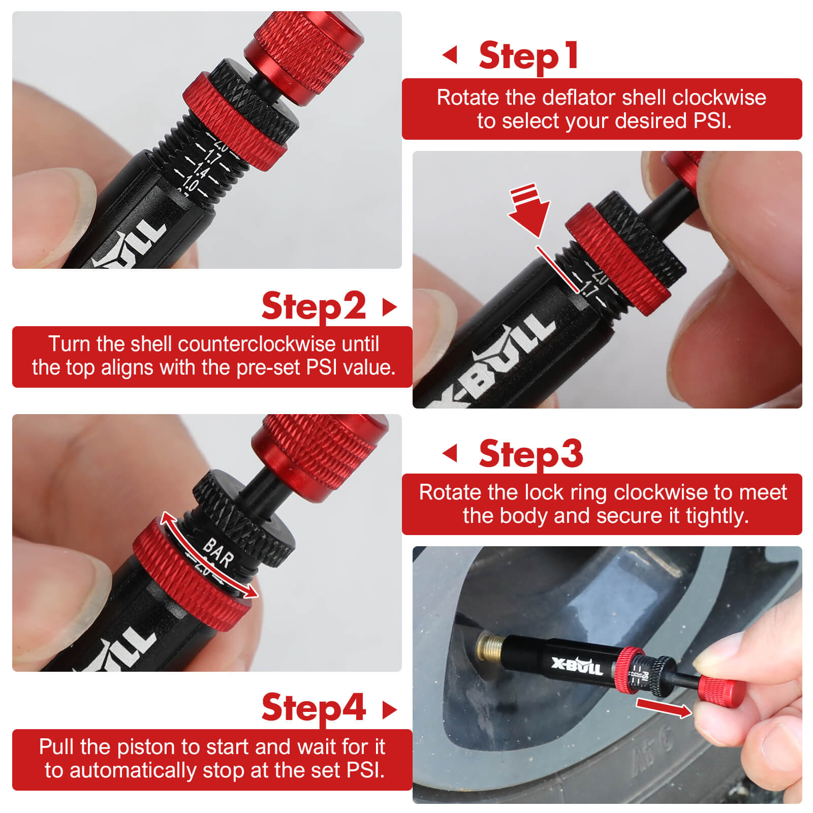 X-BULL 4PCS Tyre Deflators Air Quick Deflator Adjustable 10~30 PSI Tire Valve V211-AUEB-XBTD001