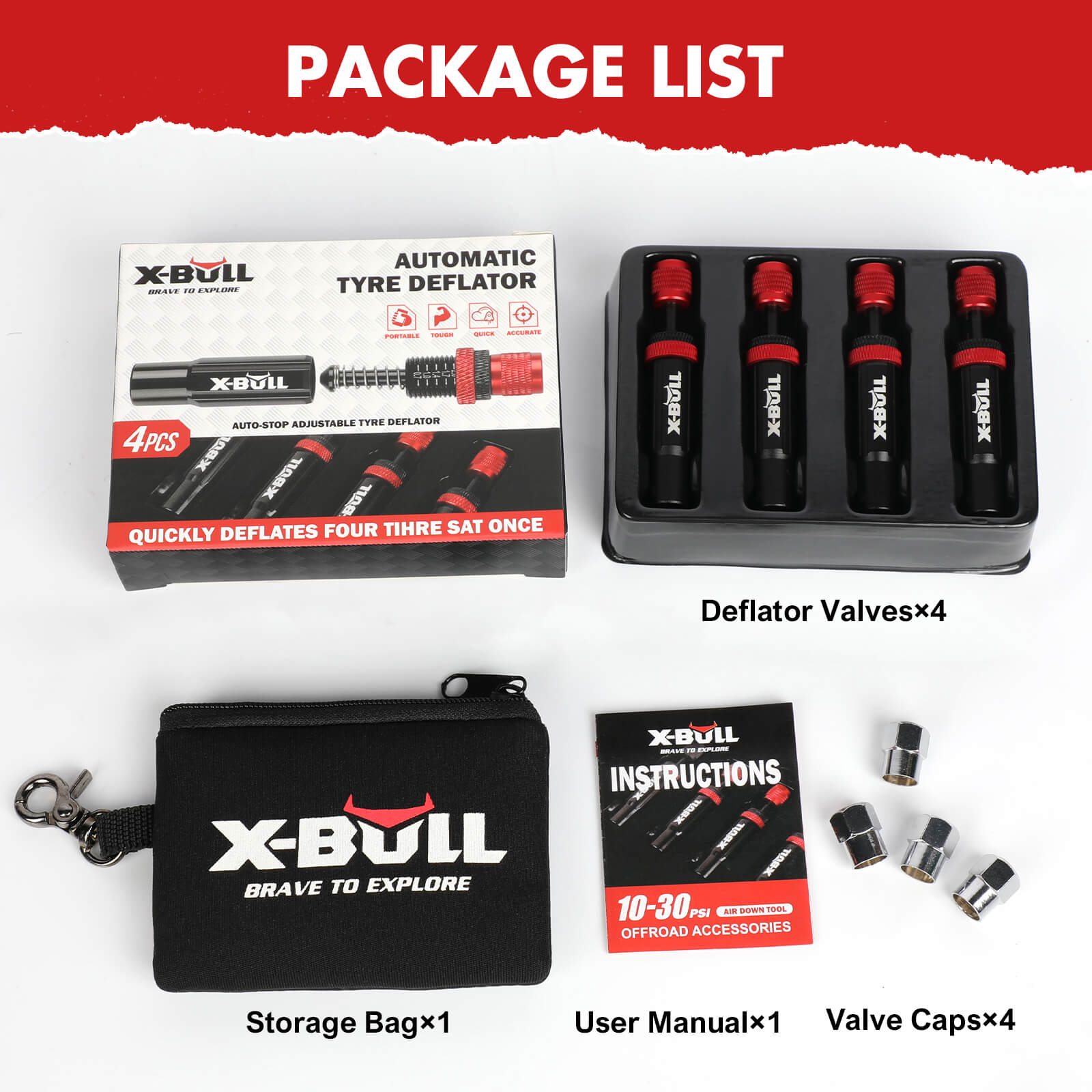 X-BULL 4PCS Tyre Deflators Air Quick Deflator Adjustable 10~30 PSI Tire Valve V211-AUEB-XBTD001