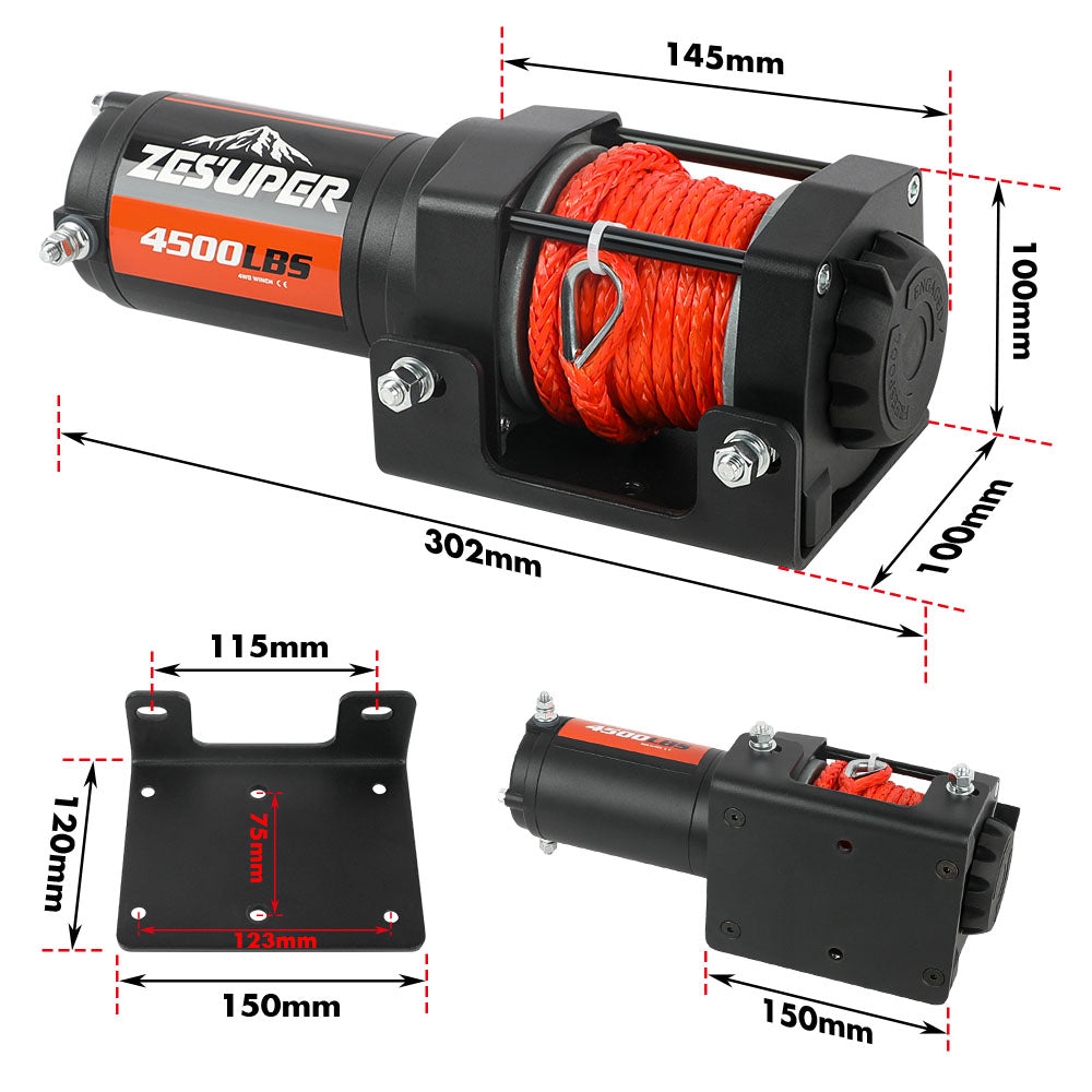 ZESUPER 4500lb Electric Winch 12V Synthetic Rope Boat Winch ATV Winch Kit Boat Winch UTV 4WD Wireless RemoteX2 Black