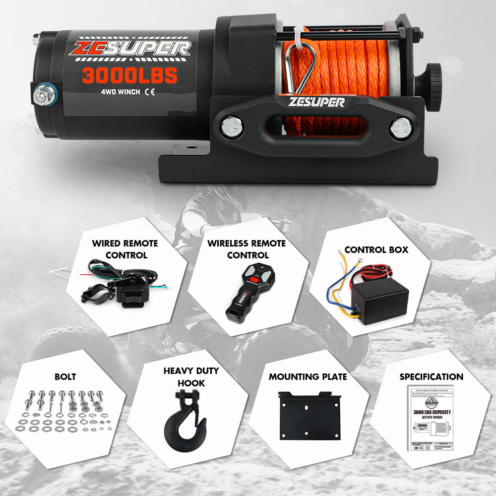 ZESUPER 12V Electric Winch 3000lbs Synthetic Rope Wireless Remote ATV UTV BOAT V211-AUEB-ZEEW006