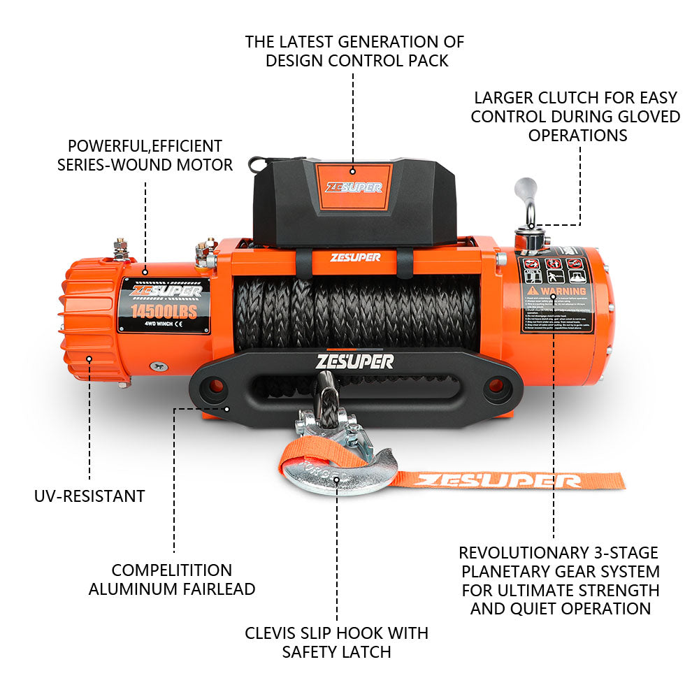 ZESUPER 12V Electric Winch 14500lbs Synthetic Rope Wireless Remote 4X4 4WD Car V211-AUEB-ZEEW007