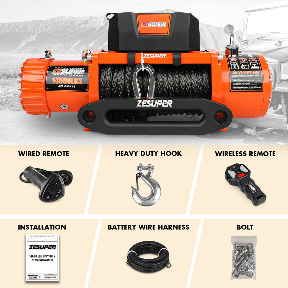 ZESUPER 14500lbs Electric Winch 12V Synthetic Rope Wireless Remote 4X4 4WD Car V211-AUEB-ZEEW007N