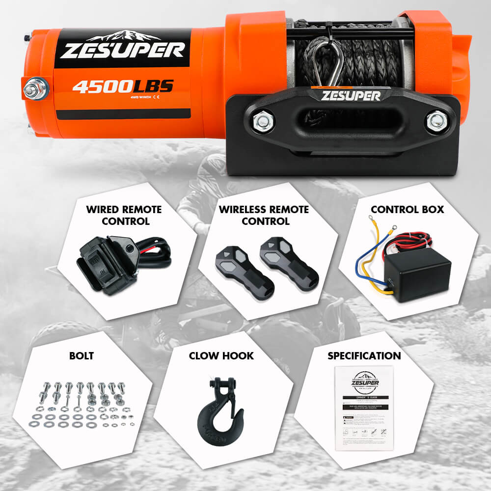 4500lb Electric Winch 12V Synthetic Rope Wireless RemoteX2 ATV Winch Kit Boat Winch UTV 4WD Orange V211-AUEB-ZEEW019K