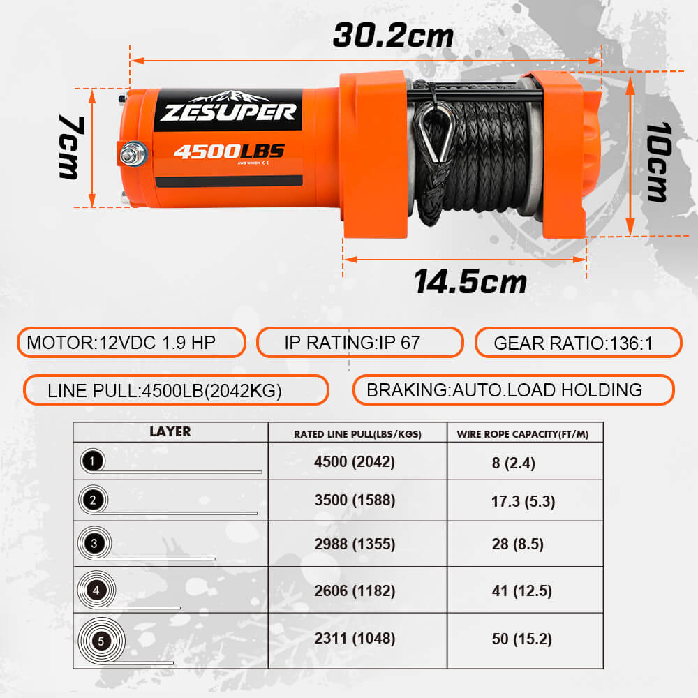 ZESUPER 4500lb Electric Winch 12V Synthetic Rope Boat Winch ATV Winch Kit Boat Winch UTV 4WD Wireless RemoteX2 Orange