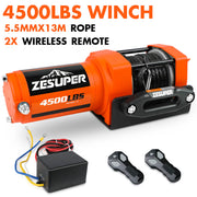 ZESUPER 4500lb Electric Winch 12V Synthetic Rope Boat Winch ATV Winch Kit Boat Winch UTV 4WD Wireless RemoteX2 Orange