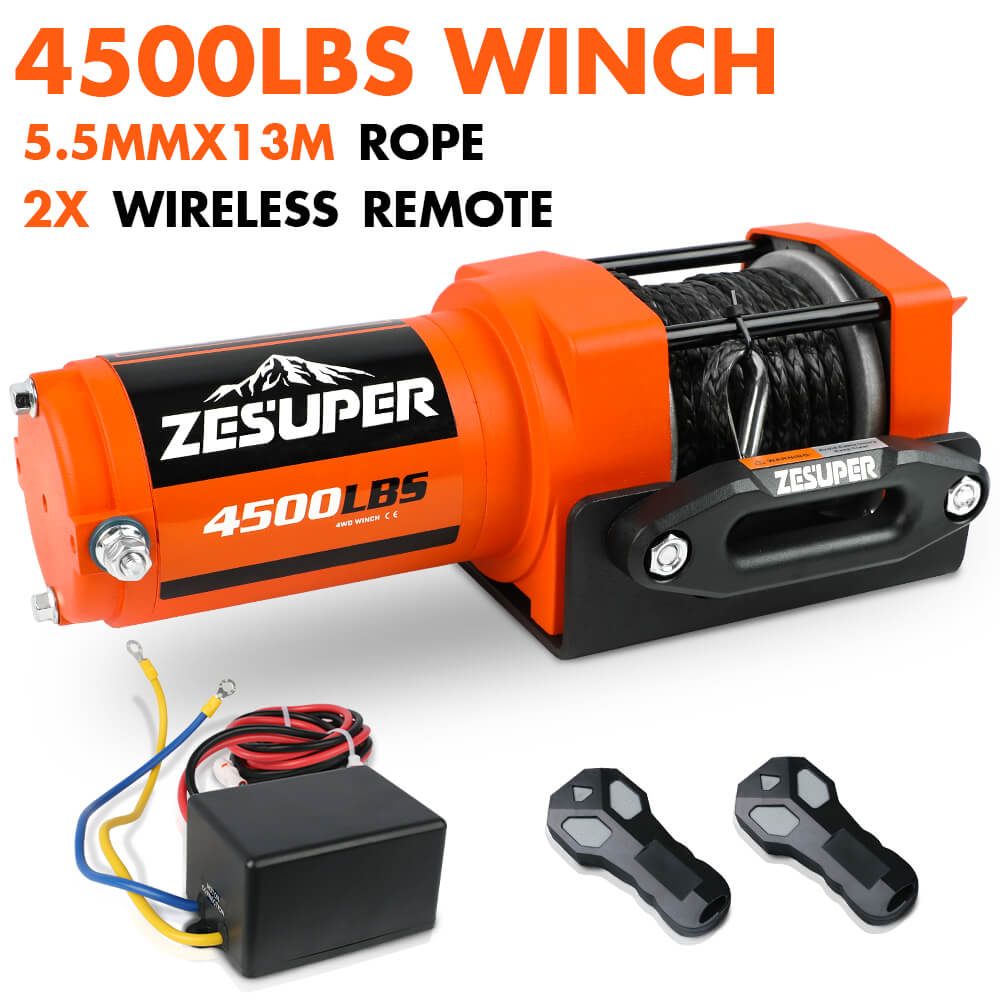 ZESUPER 4500lb Electric Winch 12V Synthetic Rope Boat Winch ATV Winch Kit Boat Winch UTV 4WD Wireless RemoteX2 Orange