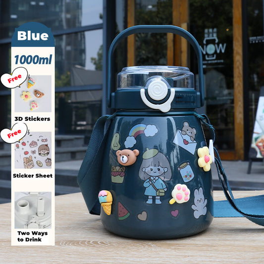 1000ml Large Water Bottle Stainless Steel Straw Water Jug with FREE Sticker Packs (Blue) V213-BOTTLE02-BLU