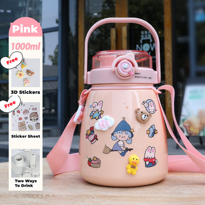 1000ml Large Water Bottle Stainless Steel Straw Water Jug with FREE Sticker Packs (Pink) V213-BOTTLE02-PNK