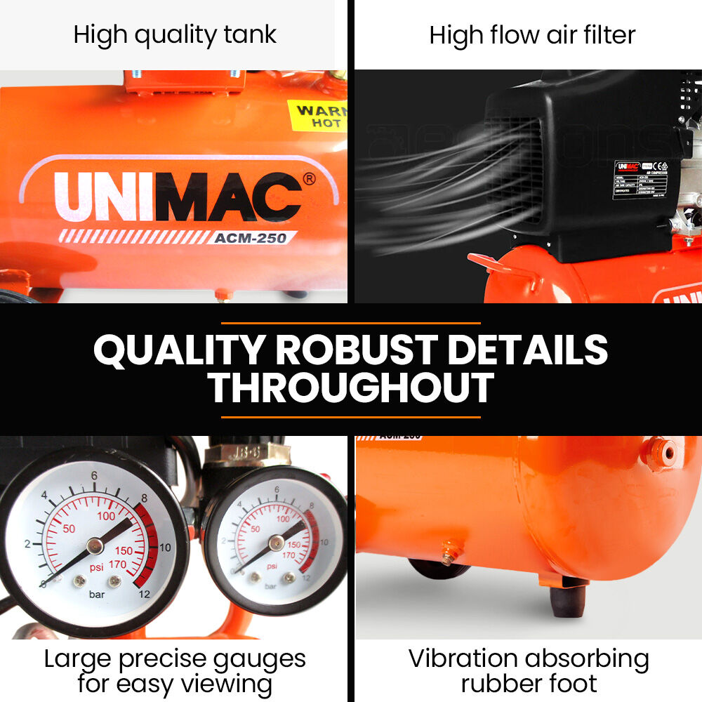 UNIMAC 24L 2.0HP Air Compressor, Direct Drive, 2 Couplers for Airtools Tyre Inflation, Portable, Electric V219-ACMELEUM250A