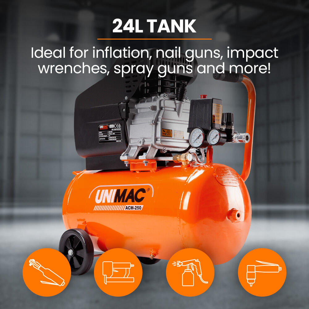 UNIMAC 24L 2.0HP Air Compressor, Direct Drive, 2 Couplers for Airtools Tyre Inflation, Portable, Electric V219-ACMELEUM250A