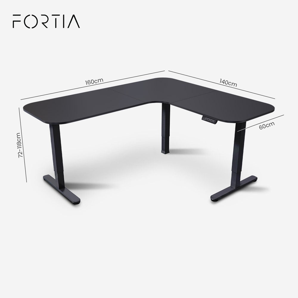 FORTIA Corner Standing Desk, 160x140cm, 72-118cm Sit to Stand Up Electric Height Adjustable, Black V219-ADKCORFOR1BKKA