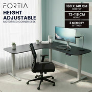 FORTIA Corner Standing Desk, 160x140cm, 72-118cm Sit to Stand Up Electric Height Adjustable, Black V219-ADKCORFOR1BKSA