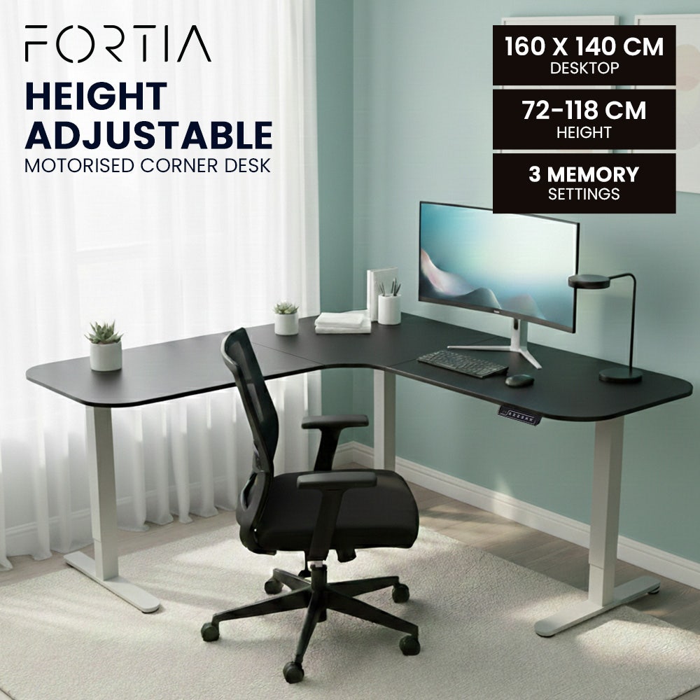 FORTIA Corner Standing Desk, 160x140cm, 72-118cm Sit to Stand Up Electric Height Adjustable, Black V219-ADKCORFOR1BKSA