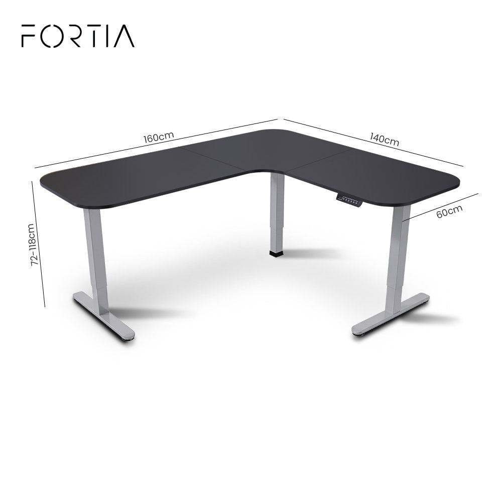 FORTIA Corner Standing Desk, 160x140cm, 72-118cm Sit to Stand Up Electric Height Adjustable, Black V219-ADKCORFOR1BKSA