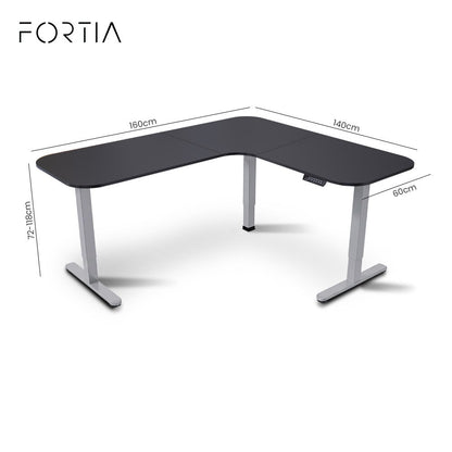 FORTIA Corner Standing Desk, 160x140cm, 72-118cm Sit to Stand Up Electric Height Adjustable, Black V219-ADKCORFOR1BKSA