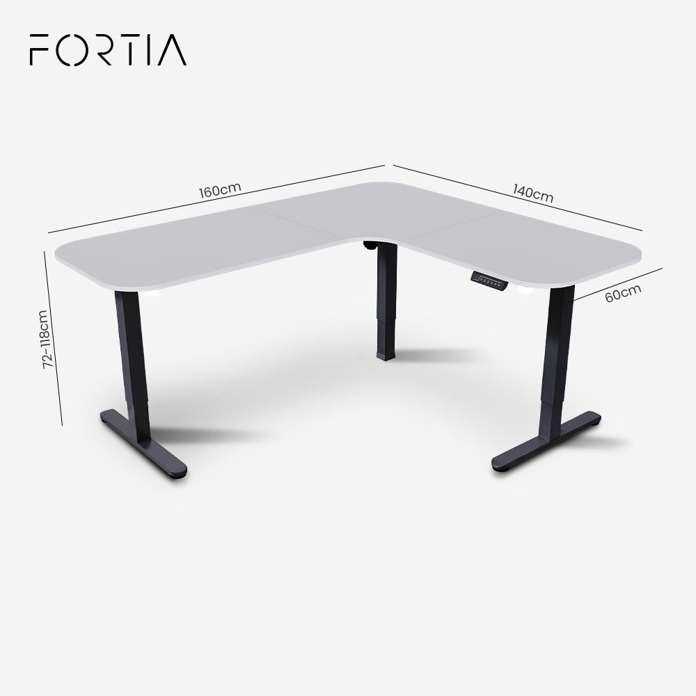 FORTIA Corner Standing Desk, 160x140cm, 72-118cm Sit to Stand Up Electric Height Adjustable, White V219-ADKCORFOR1WTKA