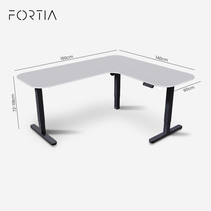 FORTIA Corner Standing Desk, 160x140cm, 72-118cm Sit to Stand Up Electric Height Adjustable, White V219-ADKCORFOR1WTKA