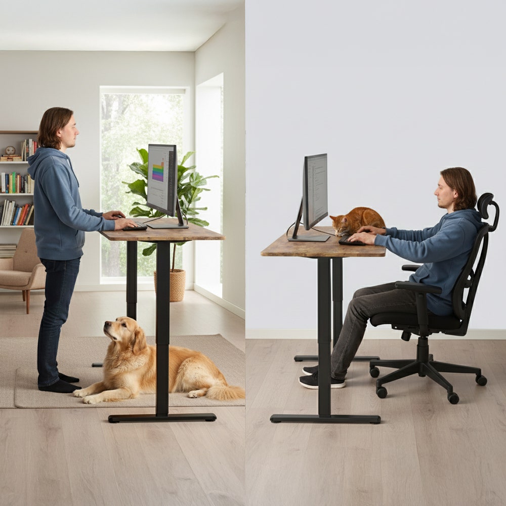 FORTIA Sit to Stand Standing Desk, 160x60cm, 72-118cm Electric Height Adjustable, Walnut Style Desktop/Black V219-ADKSSTFO6WLKB