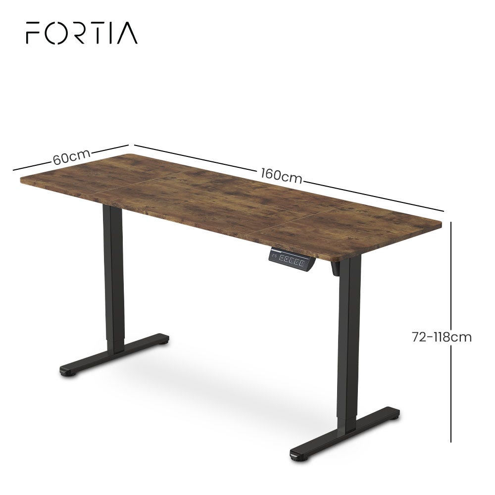 FORTIA Sit to Stand Standing Desk, 160x60cm, 72-118cm Electric Height Adjustable, Walnut Style Desktop/Black V219-ADKSSTFO6WLKB