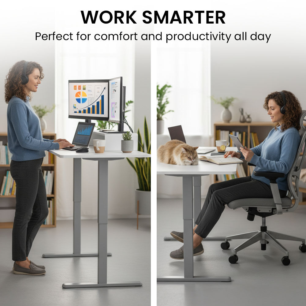 FORTIA Sit to Stand Standing Desk, 160x60cm, 72-118cm Electric Height Adjustable, White Desktop/Silver Frame V219-ADKSSTFO6WTSB