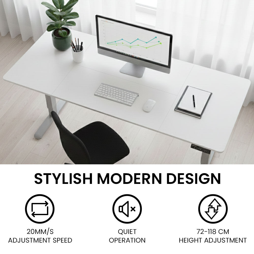 FORTIA Sit to Stand Standing Desk, 160x60cm, 72-118cm Electric Height Adjustable, White Desktop/Silver Frame V219-ADKSSTFO6WTSB