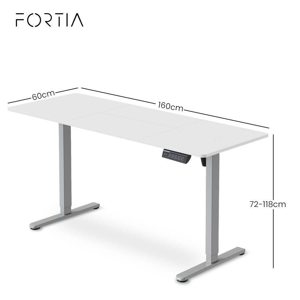 FORTIA Sit to Stand Standing Desk, 160x60cm, 72-118cm Electric Height Adjustable, White Desktop/Silver Frame V219-ADKSSTFO6WTSB