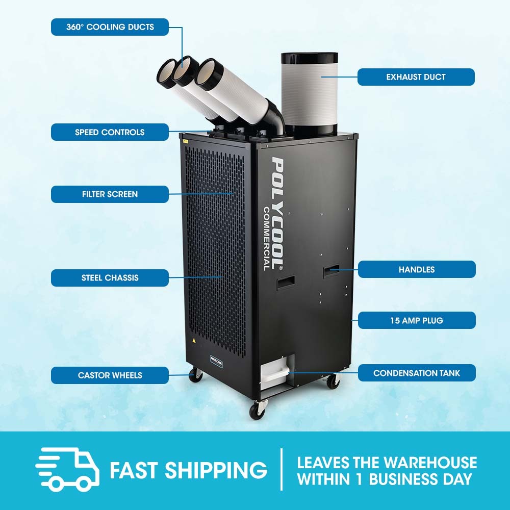 POLYCOOL 6.5kW Portable Industrial Spot Cooler, with Triple Cooling Ducts, 15A Plug V219-AIRINDPLYA75K