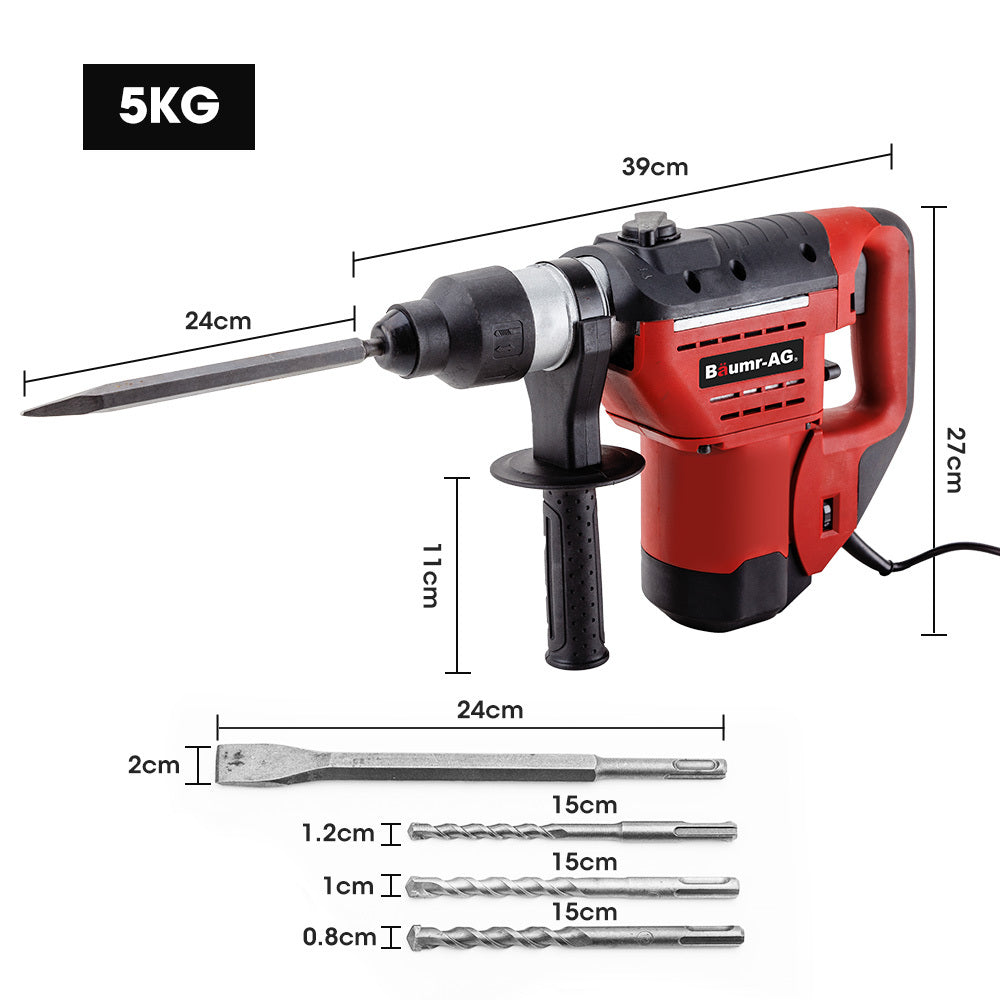Baumr-AG 1500W Pro-Grade Electric Rotary Jackhammer Hammer Drill, with 2 Bonus Chisels, 3 Drill Bits V219-BAJHTL01A