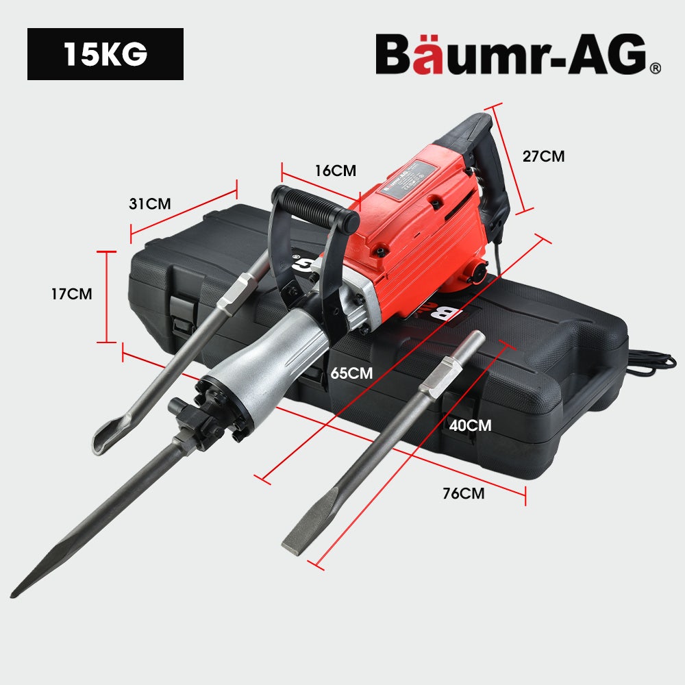 Baumr-AG 2200W Pro-Grade Electric Demolition Jackhammer, with 3 Bonus Chisels, Carry Case V219-BAJHTL02A