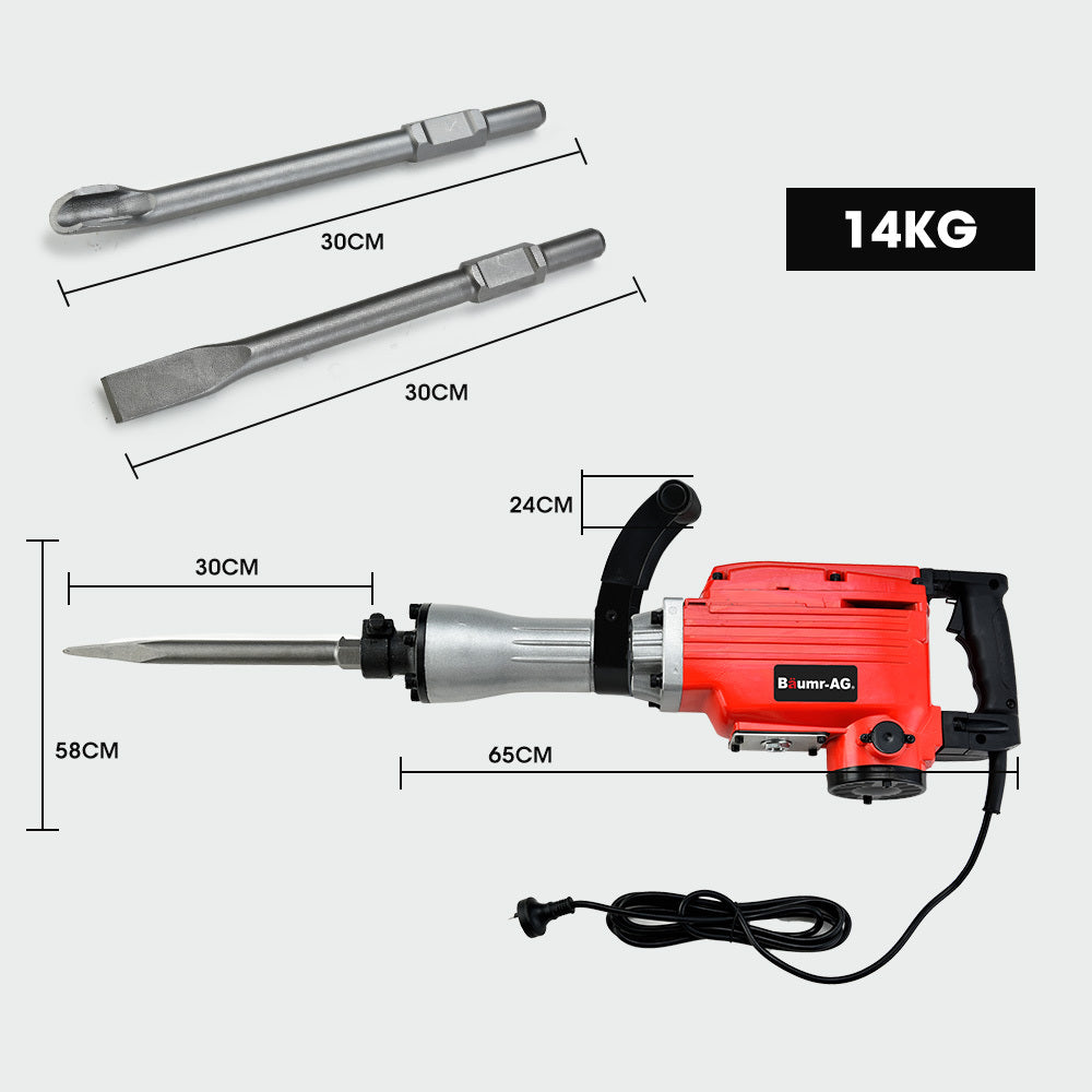 Baumr-AG 2200W Pro-Grade Electric Demolition Jackhammer, with 3 Bonus Chisels, Steel Carry Case V219-BAJHTL03A