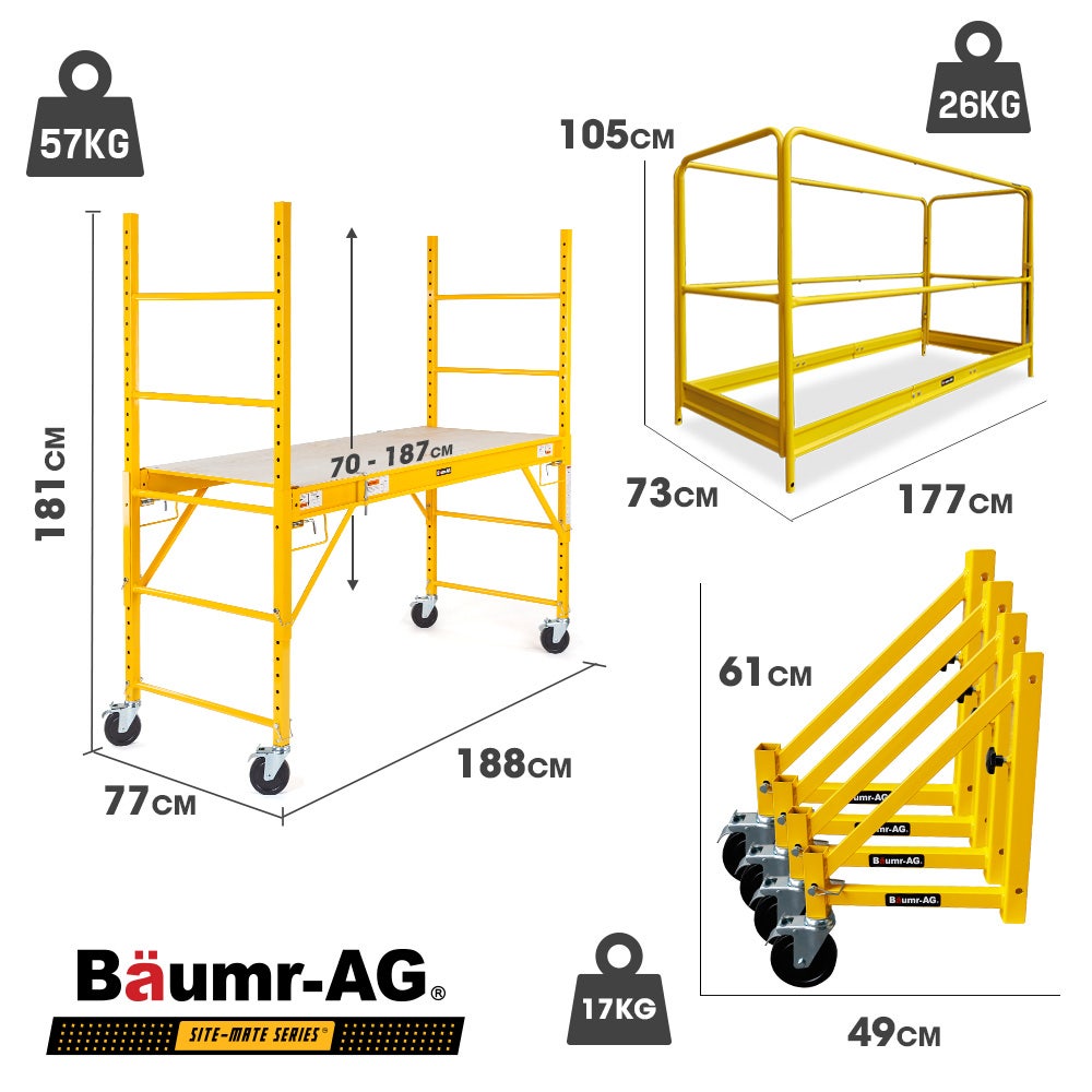 Baumr-AG 1.9 x 0.8 x 1.8m Adjustable Mobile Scaffold Platform, Guard Rail, Outrigger Wheel Set, Trapdoor Hatch V219-BAMOTL04A
